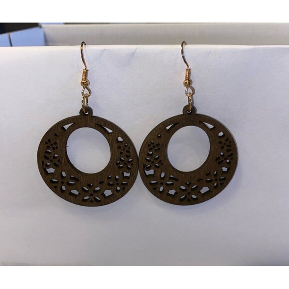 Earrings Round  Wooden Laser Cut Dark Brown Dangle Boho Hippie Retro Unique - Picture 1 of 4